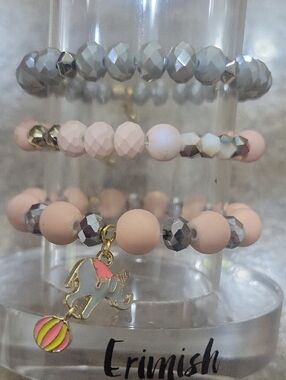 Gemjams By Erimish Blush Pink & Gunmetal Beaded Charm Bracelet Set
